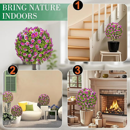 25" Artificial Boxwood Topiary Ball Trees with Purple Daisy, Fake Mums Plants with Ground Spike，Set of 2 UV Resistant Faux Bushes, Fake Shrubs for Garden, Patio, Porch, Yard, Indoor