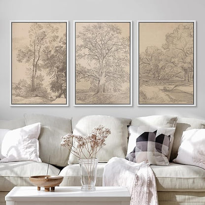 Ashbrook Framed Canvas Print Wall Art Set Retro Vintage Sketchbook Forest Country Landscape Farmhouse Decor Nature Wilderness Illustrations Floral Botanical Retro for Bedroom - 16"x24"x3 WHITE