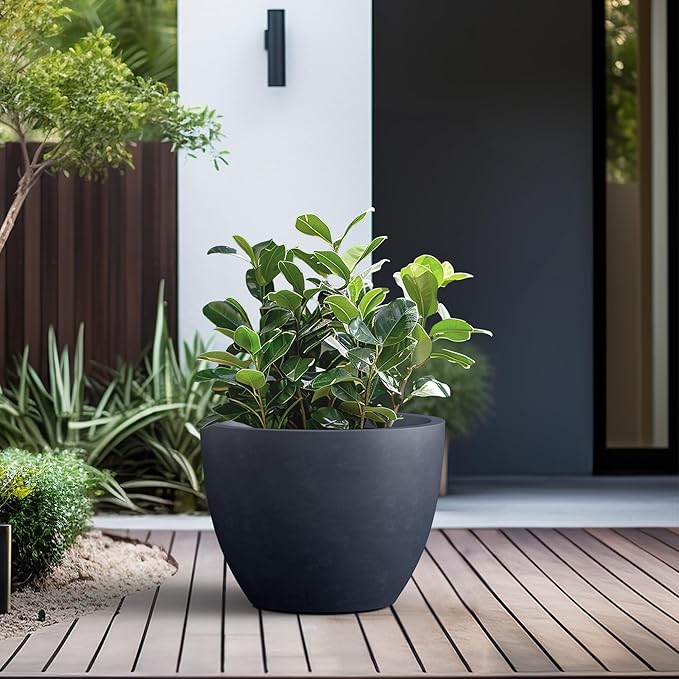 Kante 17.3 Inch Round Concrete Planter - Classic Large Indoor/Outdoor Plant Pot with Drainage Hole and Rubber Plug, Suitable for Gardens and Patios, Charcoal