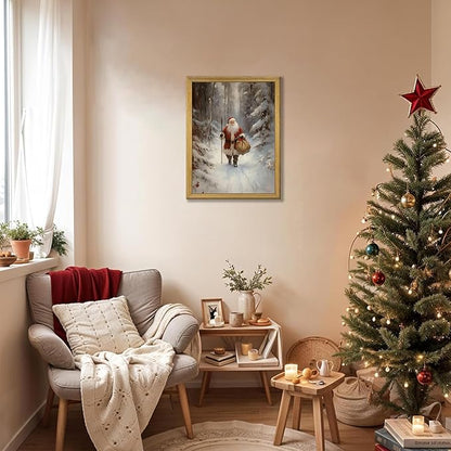Christmas Wall Art, Vintage Santa Claus Wall Decor, Santa Claus Is Coming To Town Painting Artwork Canvas Prints, Country Winter Christmas Holiday Poster Pictures for Home Bedroom 12x16 Inch Framed