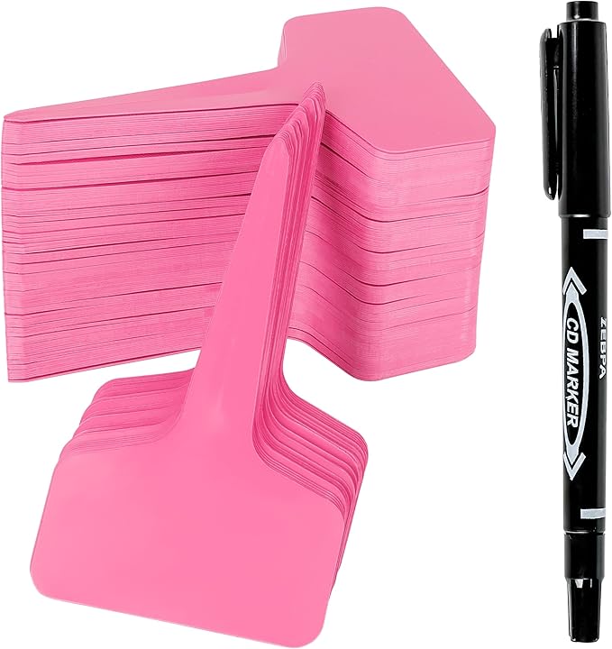 Plant Labels Tags 200Pcs T-Type Plant Markers Plastic Plant Label Tags Garden Labels Tags Plant Labels for Outdoor Garden Waterproof Plant Label Identification Stakes with Permanent Marking Pen (Pink)