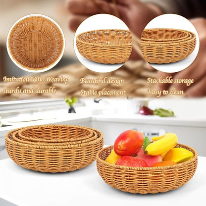 Imitation Wicker Bread Basket, 3 Pack Woven Rattan Basket Round Woven Baskets Woven Breads Baskets For Serving Vegetables, Kitchen, Restaurant, Outdoor, 3 Sizes (Yellow)