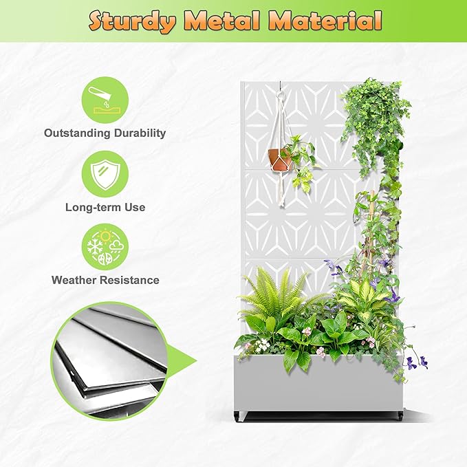 Metal Raised Garden Bed with Trellis, 2-in-1 Planter Box & Privacy Screen for Climbing Plants, Outdoor Standing Flower Bed with Drainage Holes, 35.4" L x 15.7" W x 70.1" H, White-Star