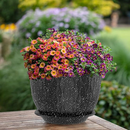 12/10/9 Inch Planter Pots, 3-Pack Large Flower Pots for Indoor Outdoor Garden Plants, Big Plant Pots with Multi Mesh Drainage Holes and Saucer (Speckled Black, 12"+10"+9")