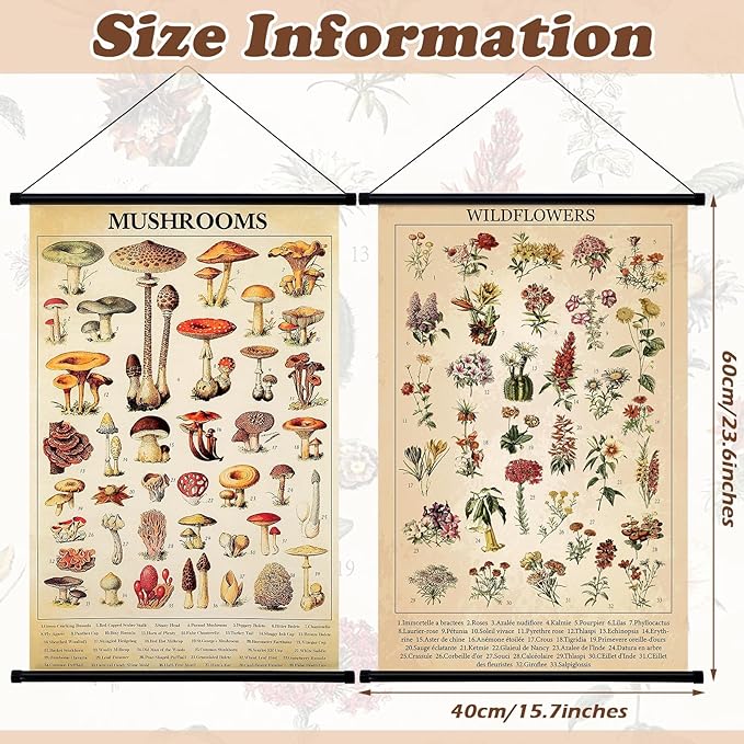 Geosar 2 Pcs Vintage Mushroom Flower Butterfly Tree Poster Fungus Rustic Wall Hanging Illustrative Reference Chart Poster for Bedroom Living Room, 15.7 x 23.6 Inch(Mushroom,Flower)