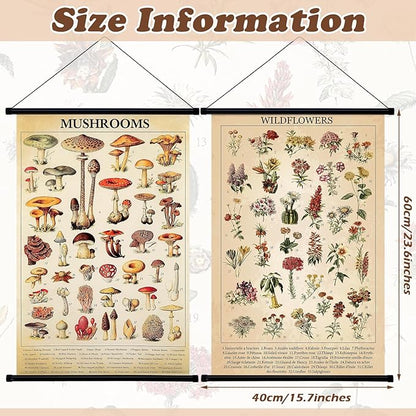 Geosar 2 Pcs Vintage Mushroom Flower Butterfly Tree Poster Fungus Rustic Wall Hanging Illustrative Reference Chart Poster for Bedroom Living Room, 15.7 x 23.6 Inch(Mushroom,Flower)