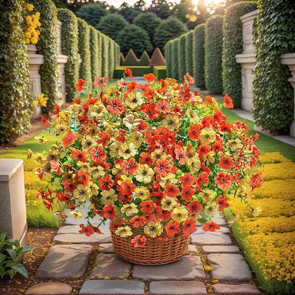 SHIAWASENA Realistic Outdoor Fake Plants Flowers, Artificial Flowers, UV Resistant, 12 Bundles Faux Silk Colorful Violet Flowers Bouquet with Eucalyptus (Yellow & Orange)