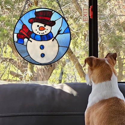 Stained Glass Window Hanging 4 Pcs Set Blue White Christmas Snowman Snowflake Large 11.8" - Suncatcher Door Garden Sun Catcher Decor Birthday Mother's Day Xmas Gifts for Mom Woman Nana Men
