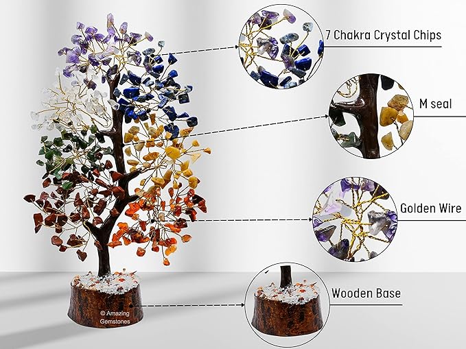 Amazing Gemstone Chakra Tree of Life, with Seven Stones - Decor Gift for Bedroom, Desk, Spiritual Room for Women, Men