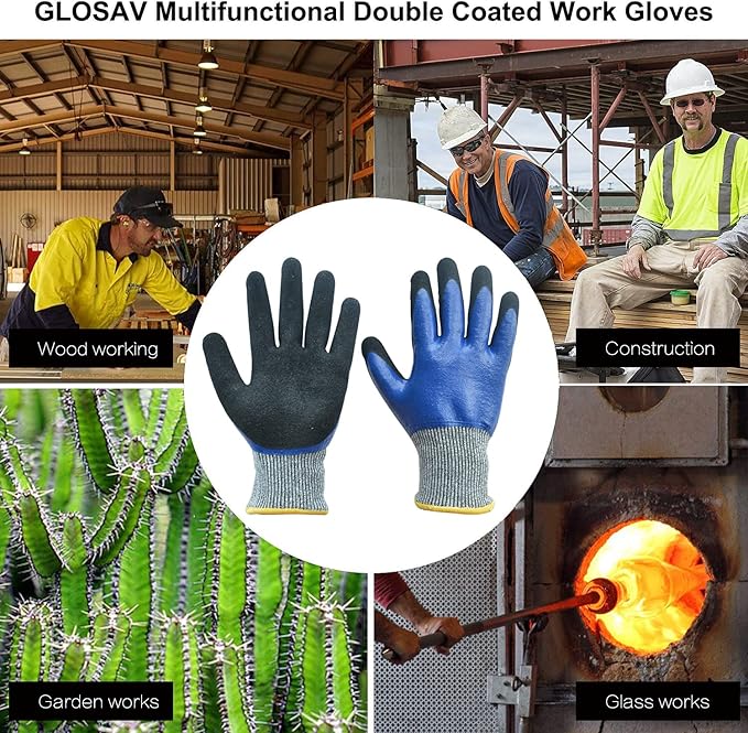 Durable Gardening Gloves, Heavy Duty Nitrile Garden Gloves, Double Coated (Large, 2 Pairs Blue)