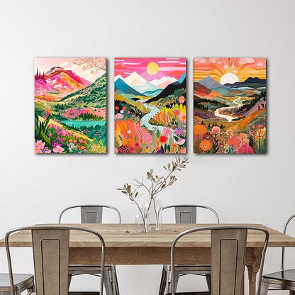 DUWQU 3 Piece Colorful Watercolor Mountain Canvas Wall Art Boho Floral Painting Picture Wall Decor Abstract Nature Landscape Poster Print Artwork for Living Room Bedroom Bathroom Office 12x16 Inches