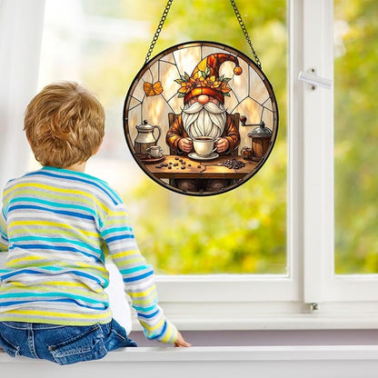 Stained Glass Window Hanging, Coffee Gnome Sun Catcher for Indoor Window Decoration, Stained Glass Coffee Nook/Corner Decor Gift for Women and Men G48 (7.9'')
