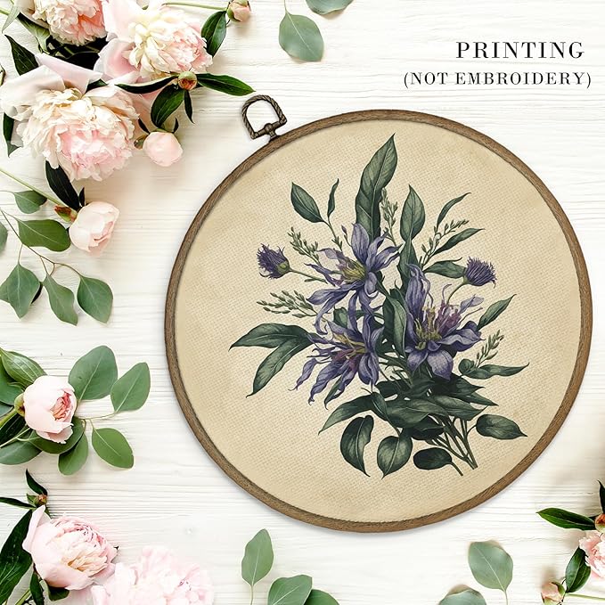MAQIKA Retro Purple Floral Plant Framed Wall Art Decor, Vintage Botanical Print, Wildflower Round Wall Hanging Decor, Purple Flower Canvas Prints Wall Art for Bedroom Kitchen Dorm Room, 10x10 Inch