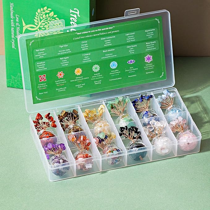 Runyangshi 12 Pcs Chakra Crystal Trees of Life - Fengshui Money Luck Gemstones Tree, Handmade with Natural Stones and Copper Wire for Home Office Decoration, Reiki Healing Meditation Gifts