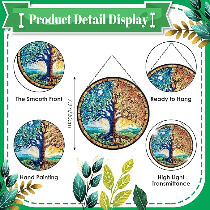 Tree of Life Stained Glass Window Hanging, 7.9" Sun Catcher Panel Boho Wall Art Decor with Chain, Hand Painted Round Glass Gifts for Couples, Housewarming Gift