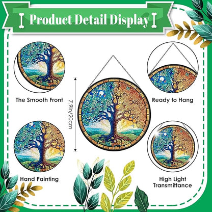Tree of Life Stained Glass Window Hanging, 7.9" Sun Catcher Panel Boho Wall Art Decor with Chain, Hand Painted Round Glass Gifts for Couples, Housewarming Gift