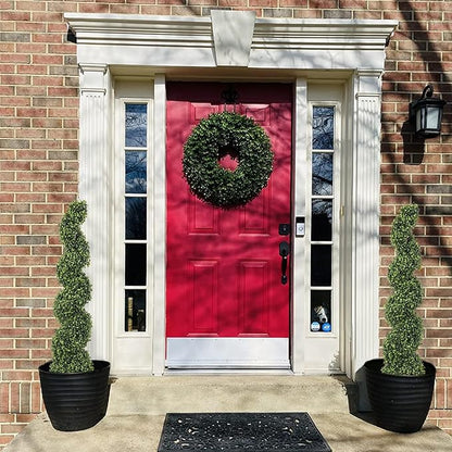 THE BLOOM TIMES 4ft Tall Spiral Topiary Trees Artificial Outdoor Set of 2, 48 Inch UV Resistant Large Faux Evergreen Fake Boxwood Plants for Front Porch Outside Planter Entryway Entrance Decor 4 Foot
