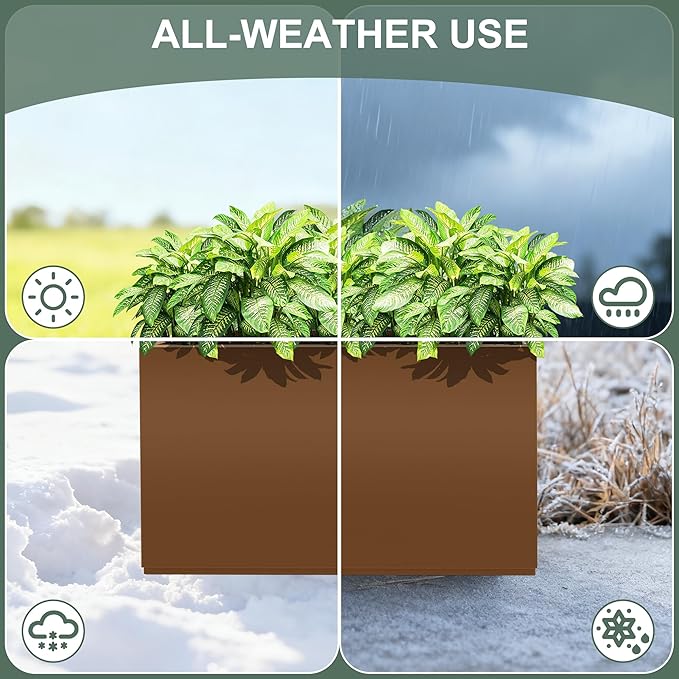 Large Metal Planter Box for Indoor & Outdoor Plants, Flowers, Rectangular Planters with Drainage Holes for Patio, Front Porch, All-Weather Use (32" L x 10" W x 16" H, Brown)