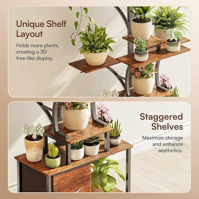 63" Plant Stand Indoor with Grow Lights, 10 Tiered Plant Shelf with Drawer, Corner Plant Stands for Indoor Plants, Metal Plant Flower Display Shelf, Tree-Shaped Plant Rack for Home, Black (2, Black)