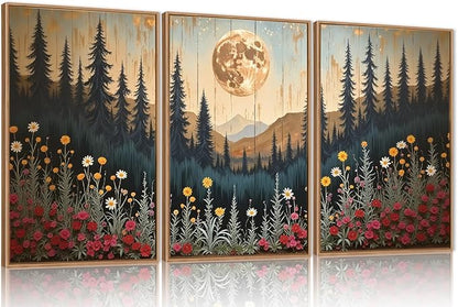 Ausril Vintage Moon Forest Framed Canvas Wall Art Set, Wildflower Forest Mountain Wall Decor, Nature Pine Tree Wall Painting, Colorful Floral Art Prints for Living Room, Bedroom, Office - 24"X36"X3