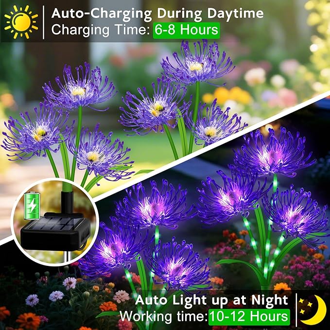 Solar Garden Flower Lights Outdoor,4 Pack 12-Head Purple Spider Lily Waterproof with Glowing Stems,Elegant Yard,Patio & Law Decor,Ideal Halloween & Gardening Gifts for Women,Mothers & Grandma
