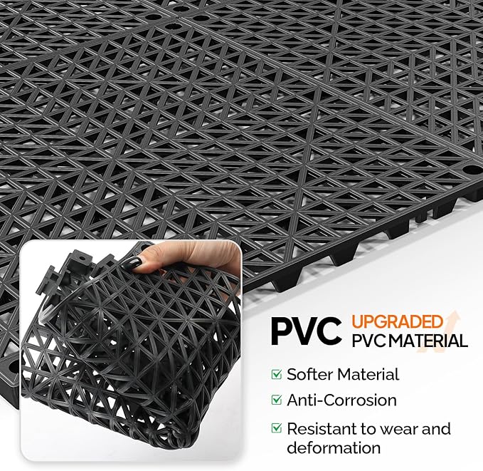 ROVSUN 40 PCS Interlocking Drainage Mat, 12’’x12’’ Drainage Tiles Interlocking,Soft PVC Floor Tiles, Non-Slip Drainage Holes for Restroom, Bathroom, Kitchen, Pool, Wet Areas,Black