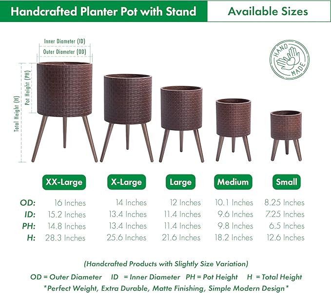 D'vine Dev 12 Inch Modern Geometric Tile Patterned Sleek Planter Pot with Stand, Indoor Outdoor Decorative Plant Holder, Espresso, 88-Z-C-6