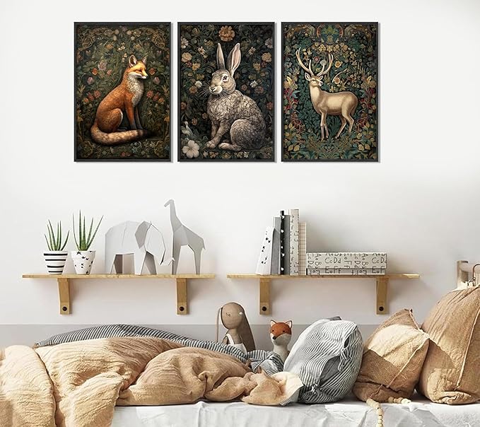 3Pcs Forest Animal Wall Art Fox Rabbit Deer Painting Pictures Wall Decor Wildlife Animal Posters Prints Dark Gothic Botanical Floral Artwork for Office Bedroom Home Decoration 16x24in