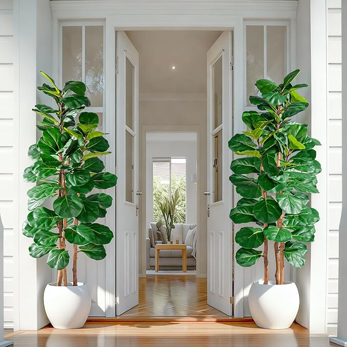 Artificial Fiddle Leaf Fig Tree 5FT, Faux Fig Tree Indoor with Natural Wood Trunk & Realistic Leaves with Moss Pot Fake Ficus Tree Large Faux Floor Plant for Living Room Home Decor, House Plant