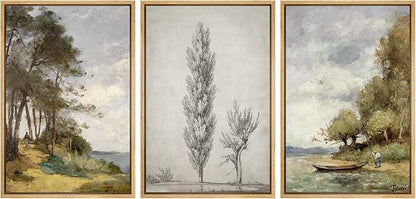 Ashbrook Framed Canvas Print Wall Art Set Forest Tree Lake Nature Wilderness Illustrations Fine Art Decorative Floral Botanical Garden Vintage for Living Room, Bedroom, Office - 16"x24"x3 Natural