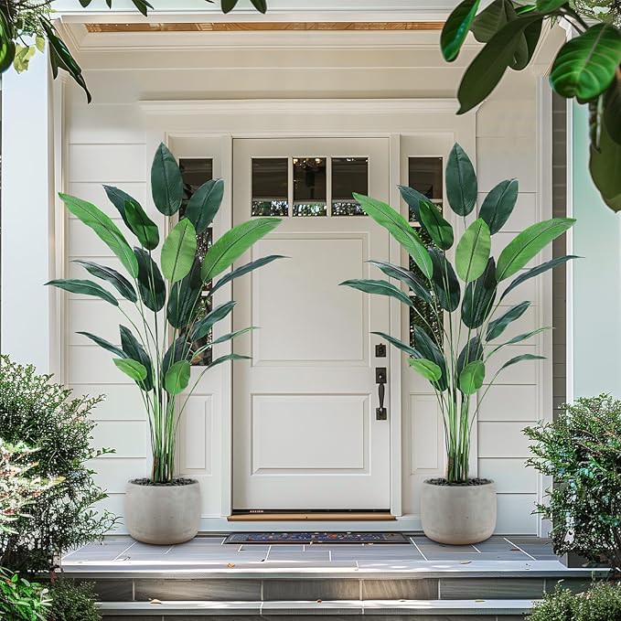 7ft Artificial Bird of Paradise Plant, Tall Faux Plants with 20 Trunks Faux Leaves, Artificial Plants Indoor Outdoor with Black Nursery Pot for Home Decor Office Living Room 2 Pack