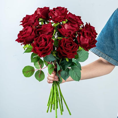 Fake Roses Faux Flowers Silk Roses Artificial Roses with Stems Realistic Artificial Flowers Suitable for Indoor Home Decoration DIY Bouquet Wedding Decor Party Decor 16.5In (12PCS, Red)