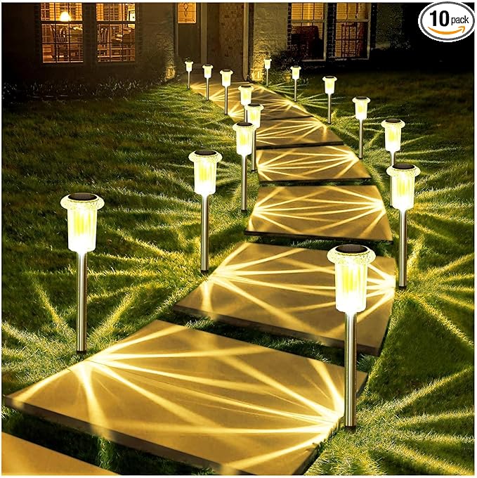 DenicMic Solar Lights Outdoor 10 Pack Waterproof Christmas Lights Outdoor 3000K Warm White LED Stainless Steel Stake for Landscape Lighting Path Walkway Sidewalk Backyard Patio Decor