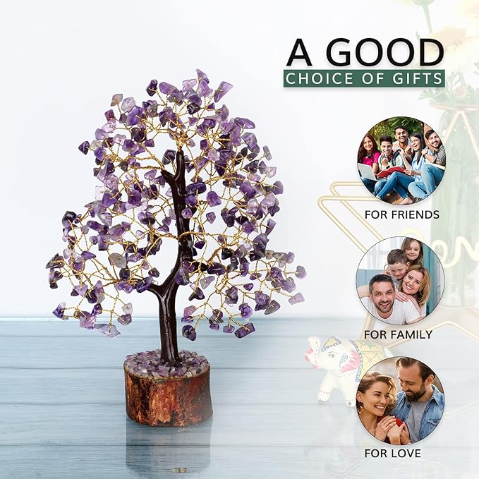 NARIBABU Amethyst Crystal Tree – 10-12 Inch Gemstone Tree with Golden Wire & Wooden Base – Spiritual Gift, Gifts for Her, Healing Crystals Decor, Birthday Gift for Women, Reiki Energy
