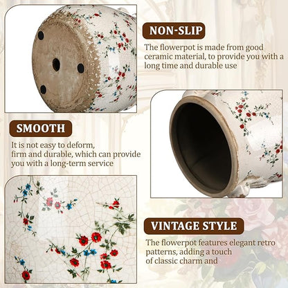 Ceramic Scroll Planter 6.5 Inch Chinoiserie Floral Vase with Drainage Holes Vintage Flower Vase Flower Pot Rustic Ceramic Pots for Indoor Plants Garden Home Bookshelf Decor(Milky)