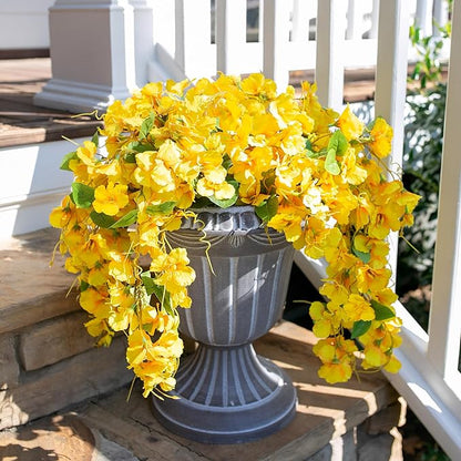 Fake Hibiscus Artificial Hanging Flowers Plants for Outdoors Spring Decoration, 4pcs Silk Hibiscus Vines Realistic UV Resistant Yellow Faux Flowers for Outside Planter Porch Patio Yard Wedding Party