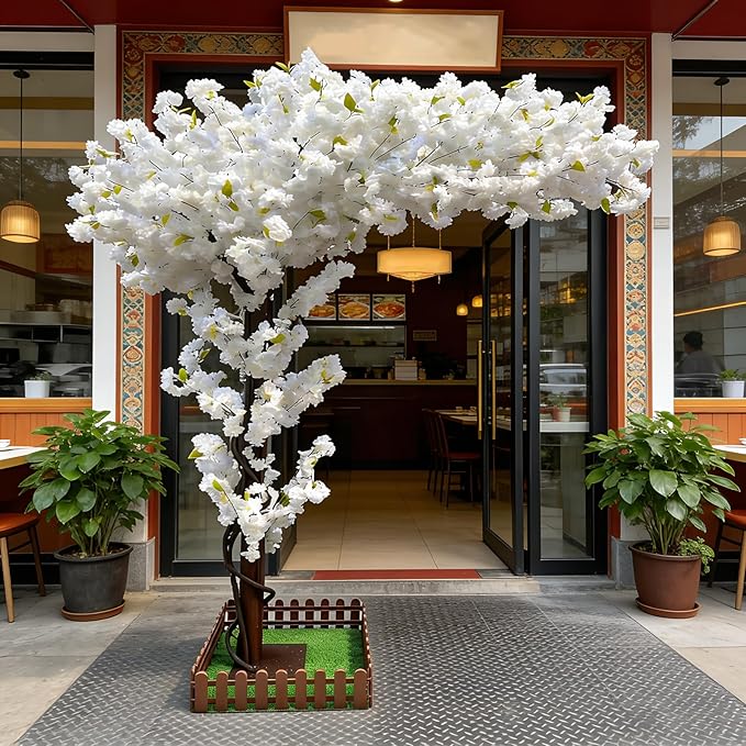 Artificial Cherry Blossom Tree 6.6Ft, White Silk Flowers with Solid Wood Trunk for Home & Garden Decor
