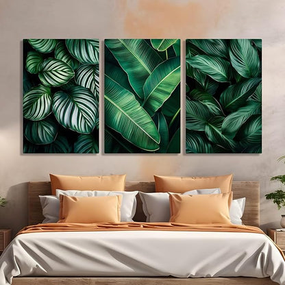 Emerald Green Leaf 3-Piece Canvas Wall Art – Nature-Inspired Tropical Plant Print for Living Room, Bedroom & Office – Modern Botanical Décor, Ready to Hang (24" x 36" x 3 pcs)