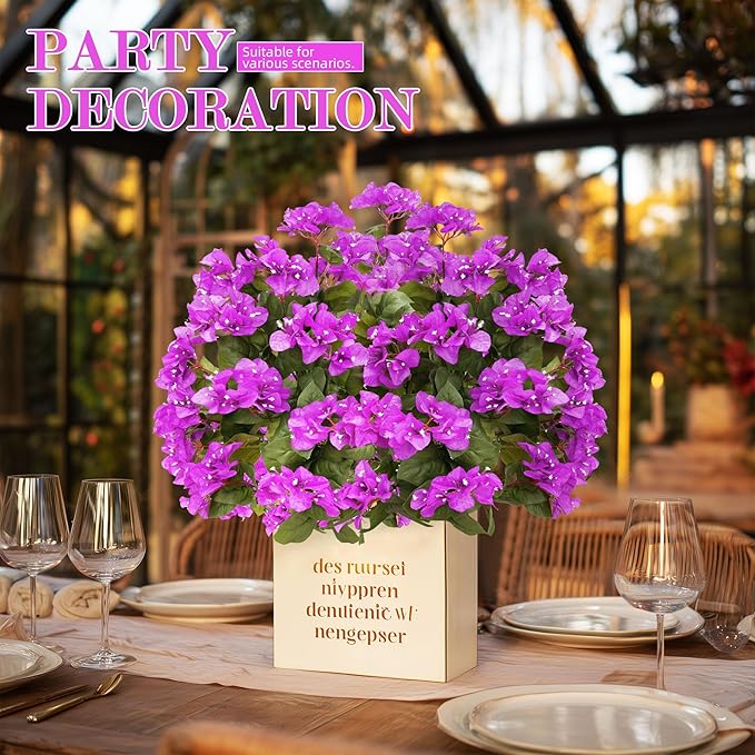 4 Pcs Artificial Flowers Bougainvillea Outdoor Artificial Plants Faux Flowers with Stems Silk Flowers for Wedding Porch Living Garden Decor Without Vase (4PCS,Dark Purple)