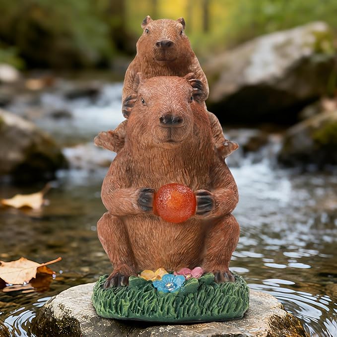 Capybara Solar Garden Statue – Funny Outdoor Resin Animal Decor – Weatherproof Yard Lawn Ornament with LED Light Figurine for Patio, Porch, Landscape Housewarming
