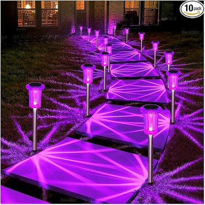 DenicMic Solar Lights Outdoor 10 Pack Waterproof Purple LED Yard Garden Patio Backyard Pathway Walkway Landscape Path Lawn Outside Decorations