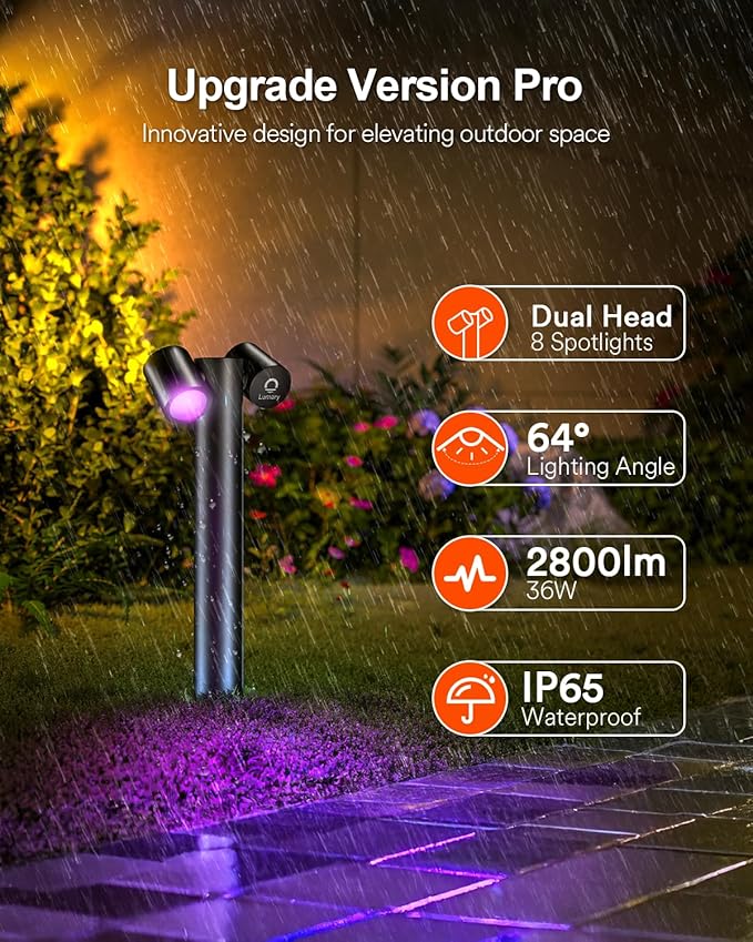 Lumary Smart Pathway Lights Pro 700LM, RGBAICW Color Changing Landscape Lights with 8 Adjustable 355° Spot Lights IP65 Waterproof, 48FT Wired Outdoor Landscape Lighting, WiFi APP/Voice/Remote (4 Pack)