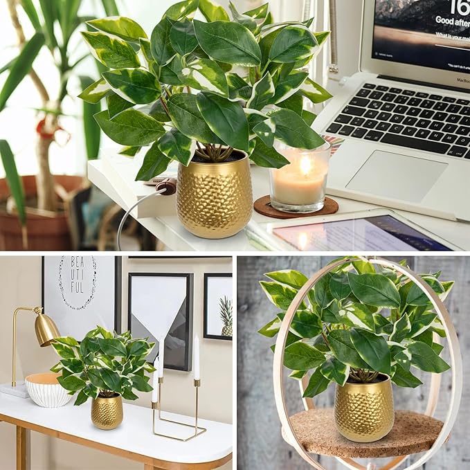 Oairse Articicial Plants Indoor Small Fake Plants in Pots Faux Pothos N‘ Joy Potted Plant Fake Indoor Plants with Gold Pots for Bathroom Living Room Office Desk Shelves
