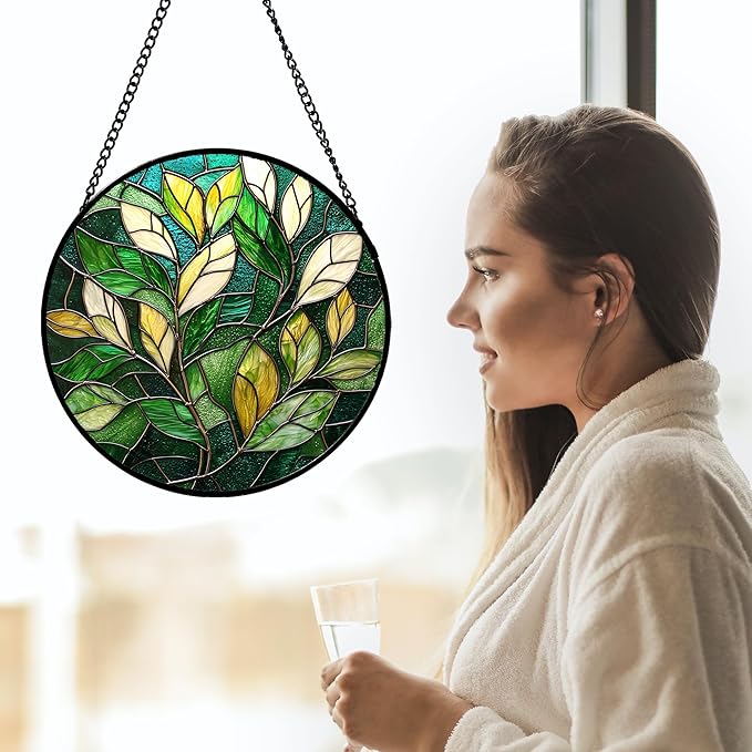 Stained Glass Suncatcher, Green Plant Sun Catcher Yellow White Leaves Stain Glass Window Hanging Decoration Mother's Day Birthday Gifts for Women Men Mom Nana 15 in