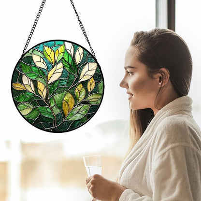 Stained Glass Suncatcher, Green Plant Sun Catcher Yellow White Leaves Stain Glass Window Hanging Decoration Mother's Day Birthday Gifts for Women Men Mom Nana 9.8 in
