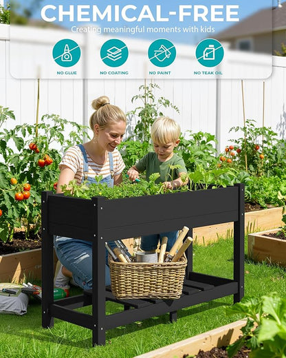SERWALL Raised Garden Bed with Legs, 43"×17"×30" Large HDPE Elevated Planter Box for Vegetables Flower Herb Patio, All Weather Use-Black