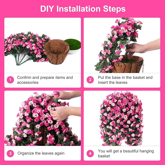 Artificial Flowers in Hanging Basket for Outdoors Indoors Decor, Artificial Mums Bush Flowers Plants with Baskets for Home Porch Garden Yard Patio Spring Summer Decoration(Twin Pink)