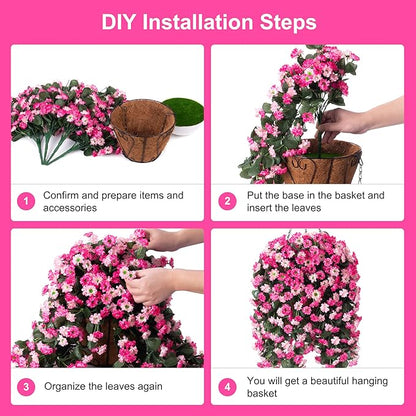 Artificial Flowers in Hanging Basket for Outdoors Indoors Decor, Artificial Mums Bush Flowers Plants with Baskets for Home Porch Garden Yard Patio Spring Summer Decoration(Twin Pink)