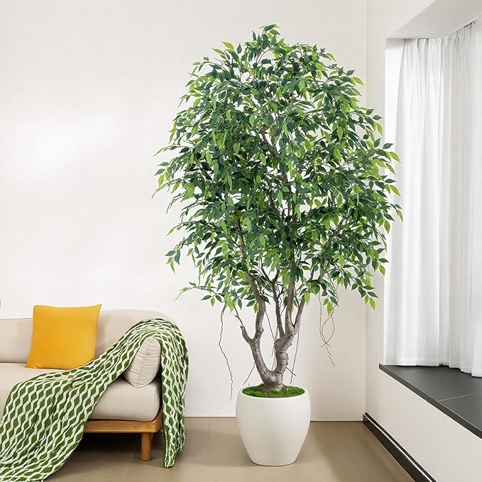8ft Luxury Ficus Artificial Trees with Natural Curved Trunks, 96" Tall Lush Faux Banyan Tree in Round Artisan Planter for Home Decor Indoor, Large Fake Tree for Big House Home Villa Office