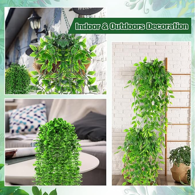 12 Pcs Artificial Hanging Plants Fake Hanging Ferns Plastic Faux Plants for Wall Room Garden Garland Indoor Outdoor Decor No Basket (Eucalyptus,Mandala,String of Pearls,Pea)